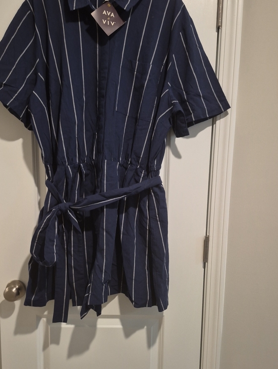 Ava & Viv Pants - Ava & Viv Navy and White Vertical Stripe Tie-Waist Romper